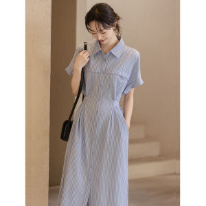 ชุดเดรสลายทางผ้าลินินโพลีเอสเตอร์ยาวปานกลางทรงหลวมสำหรับผู้หญิงไซส์ใหญ่ในช่วงฤดูร้อน ชุดเดรสคอโปโลแขนสั้น