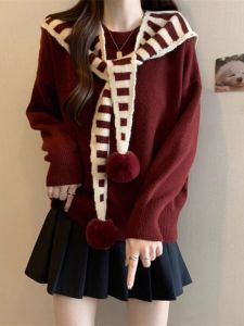 เสื้อสเวตเตอร์คอปกสีน้ำเงินสไตล์ลำลองสำหรับผู้หญิงในฤดูใบไม้ร่วงและฤดูหนาว สีแดง ลายทาง ขนาดใหญ่ เสื้อคลุมไหล่ ผ้าถัก อบอุ่น