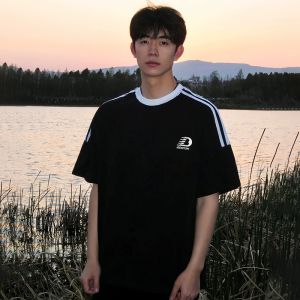 Heavyweight Pure Cotton Shoulder Sleeve Insert Short Sleeve T-Shirt Mens Summer American Loose Design Striped Body T-Shirt