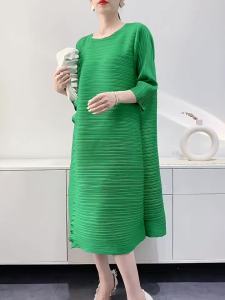 L-945F# One Size (45-75kg) Spring/Summer Organ Pleated 3/4 Sleeve Midi Elegant Pleated Dress