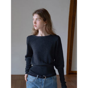 French Vintage Deep Grey Off-Shoulder Knitted Base Shirt Womens Autumn Winter Slimming Lantern Sleeve Top Soft Korean Style