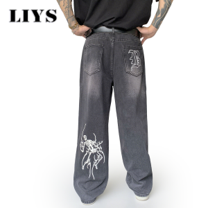 Nam Retro Gothic Ống Rộng Quần Jean Anime Hoa Văn Dáng Rộng Thẳng Quần Denim Dạo Phố Xu Hướng Mùa Thu Thường Ngày Giữa Eo