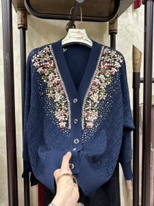 Elegant Autumn Ice Silk Knitted Cardigan Embroidered Flower Outerwear for Women V-Neck Long Sleeve Regular Fit Button up