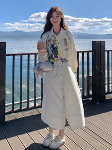 French Print Patchwork Fake Two-Piece Dress Womens Spring 2025 Gentle Style Slimming Shirt Dress High Waist A-Line Skirt