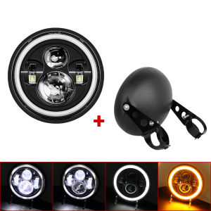 7.5" Cafe Racer Motorcycle Black Round LED Headlight Hi/Lo Lamp for Honda Yamaha Kawasaki 7 Inch Headlamp Bracket Parts