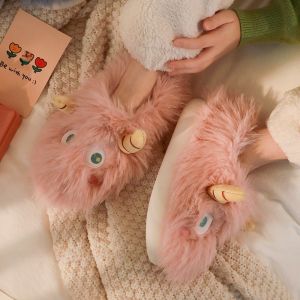 Cute Little Monster Fluffy Slippers Female Fall and Winter New Outdoor Couple Home Fleece-lined Heattech Baotou Cotton Slippers Tide