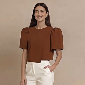 Amyenjoylife Filipiniana Inspired Top T Shirts For Women Brown Elegant Slim Women T-Shirt Geometric Splicing Tops Blouses Women Semi Formal