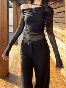 YUEZHONGWEI | Off Shoulder Fake Two-Piece Slim Fit Semi-See Through Long Sleeve Tshirt