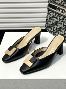 รองเท้าแตะส้นสูงหนังวัวแท้สำหรับผู้หญิง รองเท้าแตะแบบสวมหัวเหลี่ยมสบายๆ สไตล์ฝรั่งเศส รองเท้าแตะแบบสวมหัวแบบสวมหัวสำหรับผู้หญิง