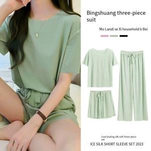 Ice Silk Pyjamas Three-Piece Set Womens Female Home Wear Trousers Simple Leisure Comfortable Loose Short-Sleeved Girl Sleepwear