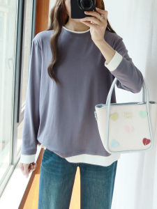 เสื้อยืดคอกลมแขนยาวผ้าฝ้ายแท้ไซส์ใหญ่สำหรับผู้หญิง เสื้อชั้นในทรงหลวม ปกตั้ง ฤดูใบไม้ผลิและฤดูใบไม้ร่วง เสื้อผ้าทำงานสไตล์ลำลอง