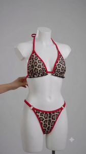 JEWELRY SEN Women Leopard Print Halter Triangle Bikini Set 2‑Piece Red Trim Pearl Decor Summer Beach Bathing Suit Swimwear