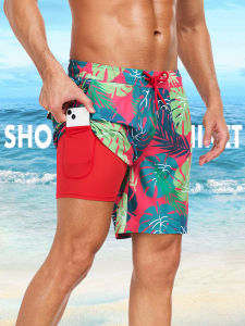Quick Dry Print Double Layer Swimming Trunks Mens Beach Shorts Holiday Swimming Briefs Comfortable Elastic Swimwear