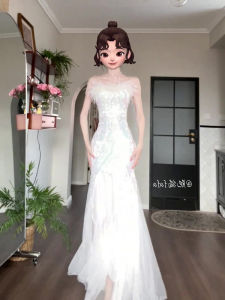 ชุดราตรีผู้หญิง ชุดแต่งงาน ชุดราตรี ชุดเดรสยาว ชุดราตรีสีขาว ชุดเดรสเกาะอกสไตล์นางฟ้า ฤดูร้อน ผ้าฝ้ายผสม