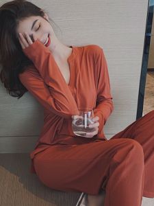 หลวม ลำลอง คอวี Modal ชุดนอน ชุด ผู้หญิง ชุดเสื้อผ้าบ้านแขนยาว ฤดูใบไม้ผลิ ฤดูใบไม้ร่วง ชุดนอนสบายขาออก