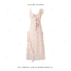 Summer Floral Long V-Neck Ruffled Waist-Cinched Dress