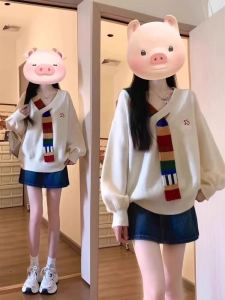 เสื้อสเวตเตอร์คอวีทรงหลวมสไตล์ย้อนยุคสไตล์อเมริกันสำหรับผู้หญิงในฤดูใบไม้ร่วงและฤดูหนาว เสื้อคลุมกันหนาวลายสก็อตสีรุ้ง