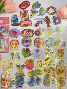 50PCS Tulip Flowers Gold Foil Stickers PET Plant Floral Sticker Waterproof DIY Decoration Notebook Suitcase Guitar Phone Decals