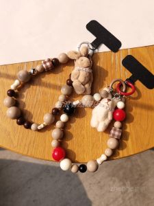 Short Plush Mobile Phone Strap Beaded Bracelet Womens Style Keychain Anti-Loss Wristband Tea Milk Color Beads Pendant