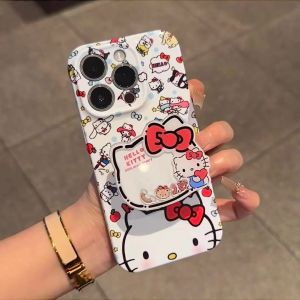 Cute KT Cat Stand Holder Phone Case Compatible with Apple 17ProMax Huawei Pura80Pro Honor 400 OPPO Reno14 Soft Vivo S30 Women Xiaomi 15 Hard Redmi K80