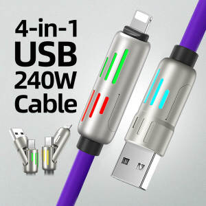 KABEL DATA 4IN1 240W LED CABLE FAST CHARGING FOR Android iOS Type-C - KABEL DATA SILICONE LENTUR SUPER FAST CHARGING