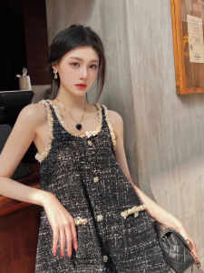 ชุดเดรสสไตล์เชอร์ลูกไม้แขนกุดสีพื้นทรงเอเอวสูงผ้าโพลีเอสเตอร์และไนลอนสำหรับผู้หญิง ชุดเดรสยาวปานกลางสีพื้น