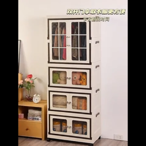 JJ.SG Plastic Foldable Wardrobe Glass Doors Large Capacity Rotating Wheels Stackable Dustproof Cabinet