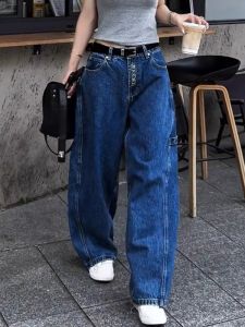 กางเกงยีนส์ขากว้างเอวสูงทรงหลวมสำหรับผู้หญิงไซส์ใหญ่ กางเกงขายาวทรงหัวลิ้n ทรงหลวม กระเป๋าข้าง 2 ช่อง สไตล์ย้อนยุค