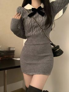 Knitwear Dress Two-Piece Set for Women Autumn Winter Chic French Style Yemaya Style Short Sleeve Pullover Slim Fit
