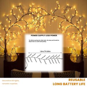 [Chinatera Flagship Store]96 LED 1.8M Willow Vine Tree Branch Lights 8 Modes Enchanted Wall Decoration Vine Lights with Remote for Christmas Decoration Holiday or Wedding or Room Decoration
