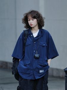 A Yu Dai 2024 Japanese Loose Pure Color Multi-Pocket Workwear Stand Collar Shirt Baby Boy and Girl Summer Retro Casual Shirt
