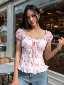 เสื้อผ้าแฟชั่นผู้หญิง สไตล์สาวเกาหลี คอกลม แขนสั้นแต่งระบาย สม็อครอบตัว เสื้อผ้าน่ารัก รวมลายน่ารัก#WS223