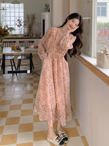 French V-neck Pink Floral Womens Dress Spring Autumn New Waist-cinching Slimming Elegant Knee-length Long Skirt