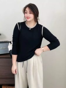 plus Size Womens round Neck Black Knitted Base Shirt Stylish Slimming Meat Covering Autumn New Fashion Commute Style Long Sleeve