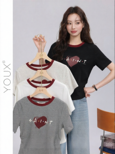 YOUXIANG | Áo Thun Nữ In Hình Trái Tim Cổ Tròn Tay Ngắn