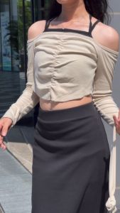 Áo yếm nữ cột dây tay dài croptop cotton phối màu kem giả yếm đen gợi cảm cá tính