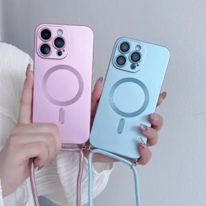 Fashion Magnetic Phone Case for iPhone 18 17 16 15 14 Plus 13 12 ProMax with Crossbody Strap Shockproof Matte Lanyard Rope Cover