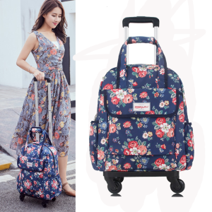 Womens Canvas Printed Luggage Bag Lightweight Portable with Silent Universal Wheels Floral Pattern Suitcase Handbag