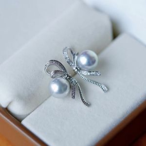 Montagne Jewelry 18k Pure White Gold Earring for women Bowknot Design Fine Jewellery Natural 7-7.5mm Grey Blue Pearl Earrings Stud Earring