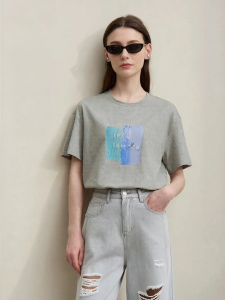 AMII | Crew Neck Abstract Printed Letter Embroidered Stretch Cotton T-Shirt