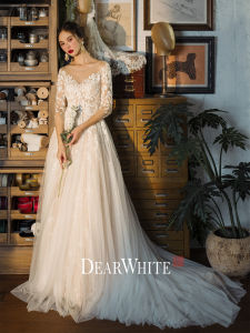 ชุดแต่งงานผ้าลูกไม้สไตล์ฝรั่งเศส ชุดเจ้าสาว ชุดราตรี ชุดยาวคลุมเข่า แขนยาว คอวีลึก กระโปรงทรงเอ ชุดเจ้าสาวแบบมีค่าธรรมเนียม