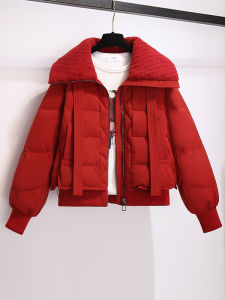 แจ็คเก็ตขนแกะสีแดงสำหรับผู้หญิง ฤดูหนาวปี 2025 เสื้อคลุมกันหนาวสั้น ทรงหลวม แขนยาว คอปกปิดหน้าอก ทรงหลวม แขนยาว ปกติ