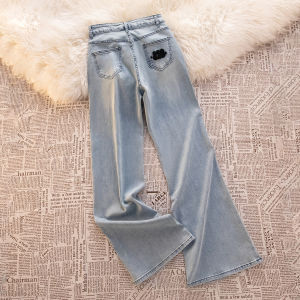 High Waist Flared Jeans Womens Autumn Winter Fleece Wide Leg Jeans Casual Style Cotton Elastic Denim Pants Loose Fit