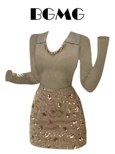 เสื้อสเวตเตอร์คอปกตั้งสไตล์ฝรั่งเศสพร้อมกระโปรงสั้นทรงเอสีน้ำตาลสำหรับผู้หญิงในฤดูใบไม้ร่วงและฤดูหนาว