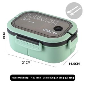 Hộp Cơm Trưa Di Động Hai Ngăn Chống Rò Rỉ Kèm Dụng Cụ Ăn Uống Hộp Đựng Thức Ăn Bento Cho Trẻ Em An Toàn Với Lò Vi Sóng Hình Chữ Nhật Chất Liệu Nhựa