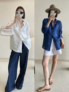 Womens French Cotton Linen Sun Protection Shirt Summer Thin Style High Class Feeling Open Shirt Collar-Down Work Clothing