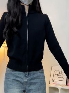 Black Knitted Half-High Collar Cardigan Sweater Womens Slim Fit Short Sleeve Long Zipper Design Spring Outerwear Top