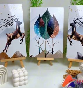 HIASAN DINDING PEMANDANGAN ABSTRAK DEER RUSA DAUN COKLAT (FULL SET ISI 3) WALL DECOR PAJANGAN DINDING POSTER KAYU RUANGAN ASTRONAUT