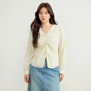 DUSHU | Large Size Slim Fitting Chiffon Shirt with Jewel Button Bow Arc Slit Hem