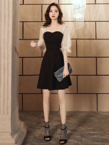 Elegant Black Evening Dress for Women 2025 New Style Small Audience Ball Gown Short Sleeve mid Waist A-Line Skirt